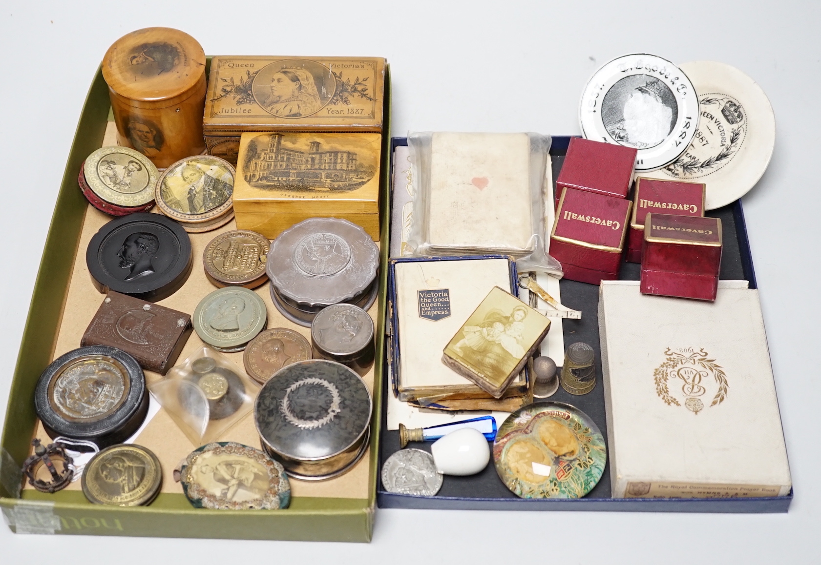 Objects including Edward VII commemorative prayer book, silver mounted box and miniature crown, boxed thimbles and two coin inset boxes, the largest 11cm wide